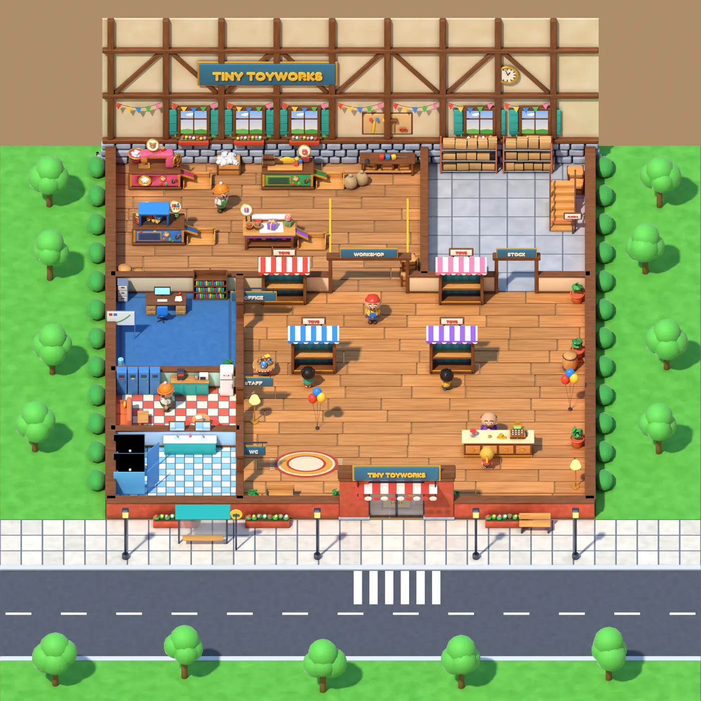 The whole toy shop from above: the workshop with its machines, the shop floor with shelves and the counter, the office, staff room, WC and stock room